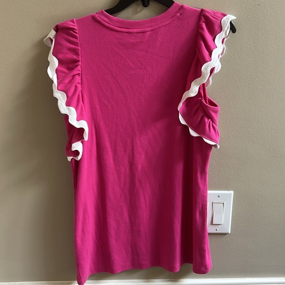 Crown & Ivy Pink Ruffle Sleeve White Trim Summer Top Size Medium - Picture 5 of 6